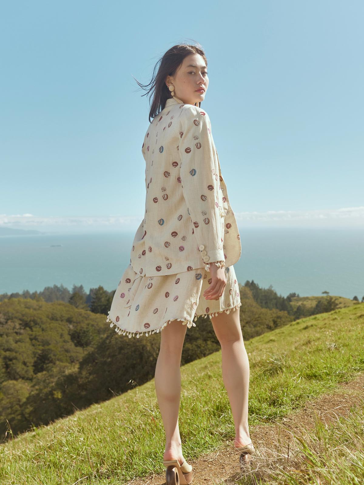 Katty Beaded Embroidered Mini Dress With Puka Fringe - Light Sand/Beaded Embroidered Shells With Puka Beaded Fringe - Image 6