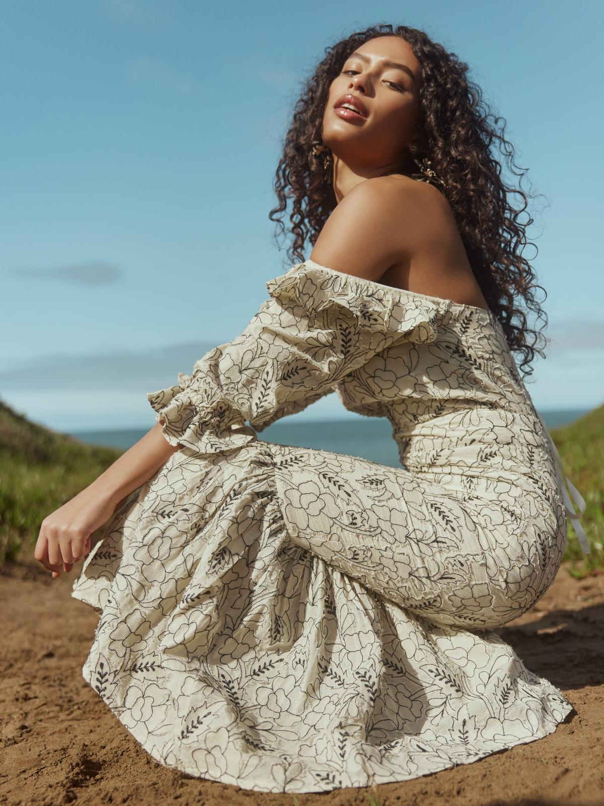 Maggie Embroidered Puff Sleeve Dress - Sand/Moonless Night Floral Outline Embroidery - Image 3
