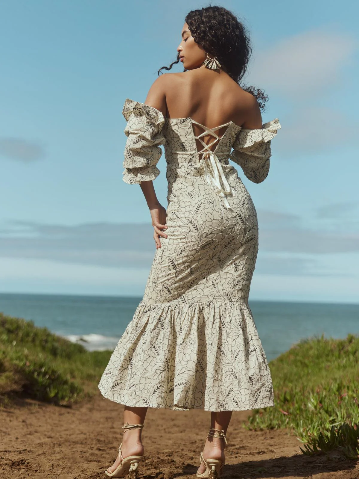 Maggie Embroidered Puff Sleeve Dress - Sand/Moonless Night Floral Outline Embroidery - Image 4