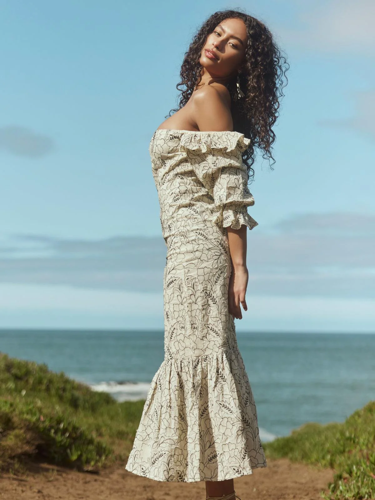 Maggie Embroidered Puff Sleeve Dress - Sand/Moonless Night Floral Outline Embroidery - Image 5