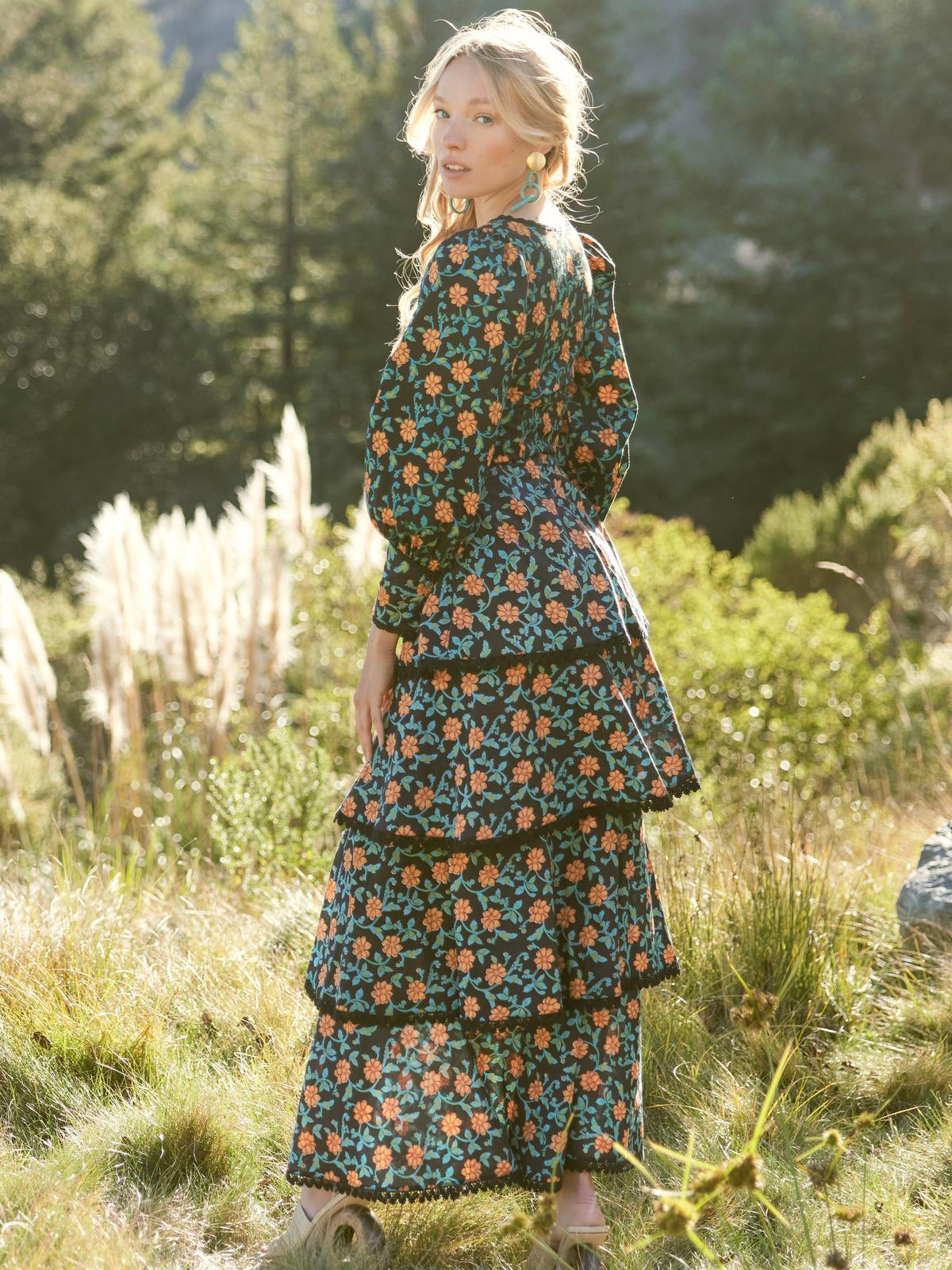 Victoria Embroidered Top - Faded Black/Bright Clementine & Moss Floral - Image 4